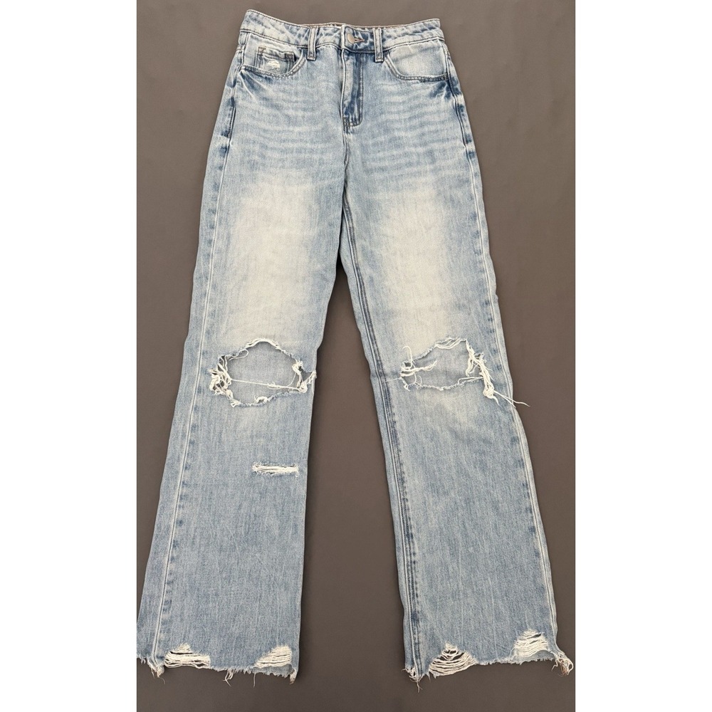 Altar'd State Jeans Womens Size 24 Blue Wide Leg Distressed Raw Hem Stretch